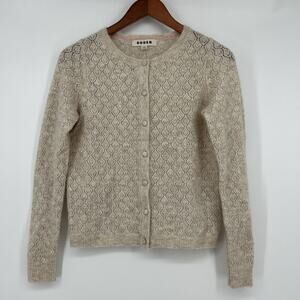 Boden Fluffy Pointelle Cardigan Womens Size XS Oatmeal Melange Mohair Wool Blend